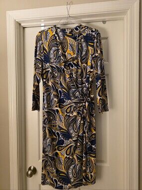 EUC Anne Klein Wrap Dress - Stunning Blue/Yellow/Black/White Print - Size XL